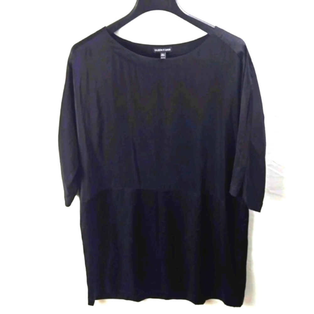 Eileen Fisher Women's 100% Silk 3/4 Sleeve Tunic Black Blouse Top Sz XS/TP